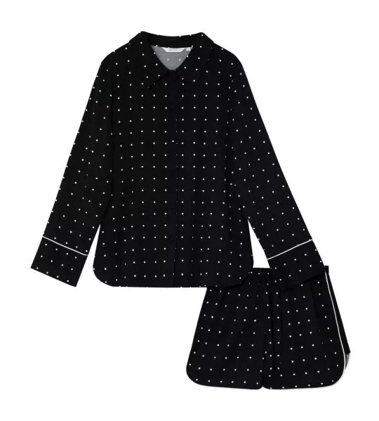 Pyjama chemise short noir à pois blancs