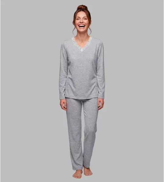 Pyjama femme gris chiné avec col dentelle 