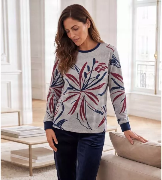 Pyjama femme en velours imprimé Bleu gris