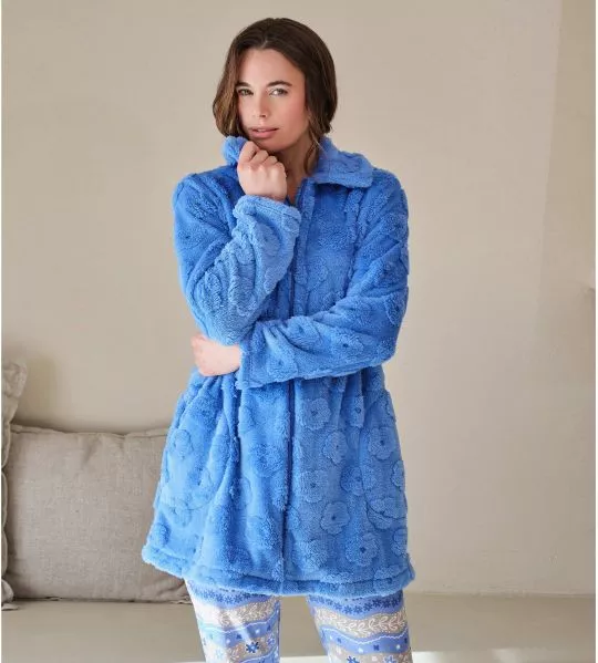 Robe de chambre zippée en pilou bleu femme