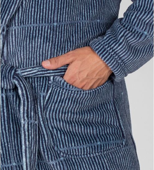 Robe de chambre rayée homme col châle Bleu