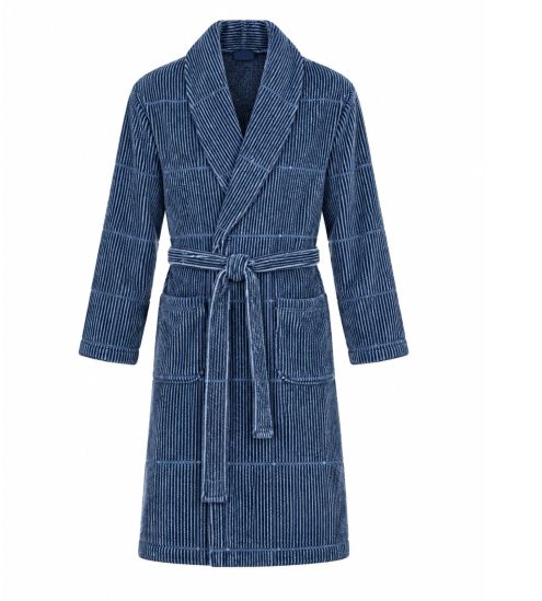 Robe de chambre rayée homme col châle Bleu