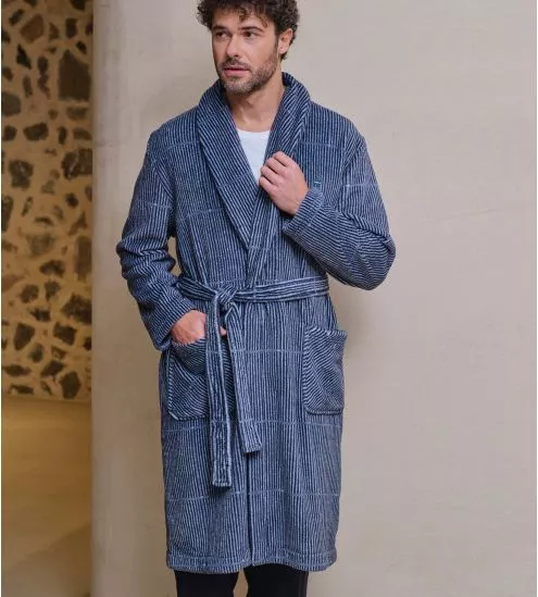 Robe de chambre rayée homme col châle Bleu