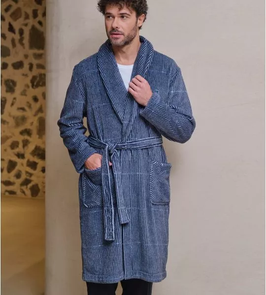 Robe de chambre rayée homme col châle Bleu