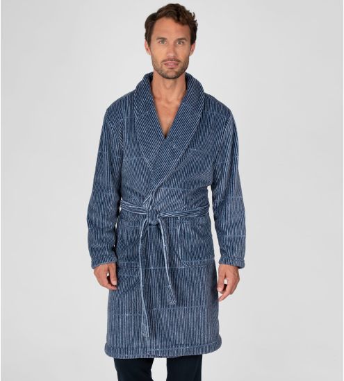Robe de chambre rayée homme col châle Bleu