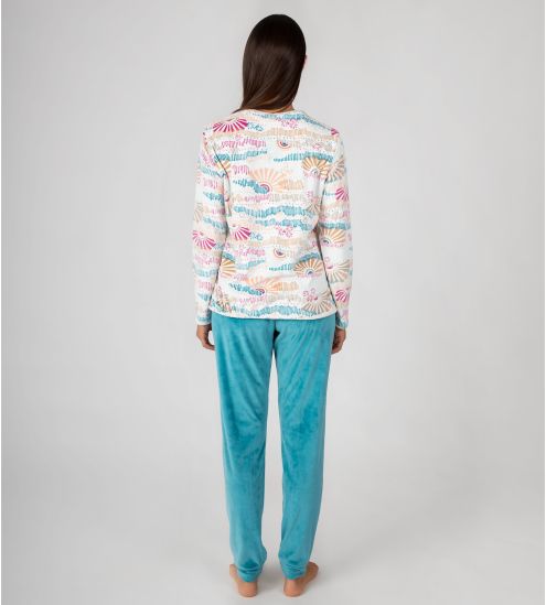 Pyjama chaud en velours femme Écru Bleu