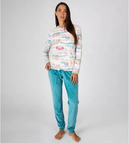 Pyjama chaud en velours femme Écru Bleu