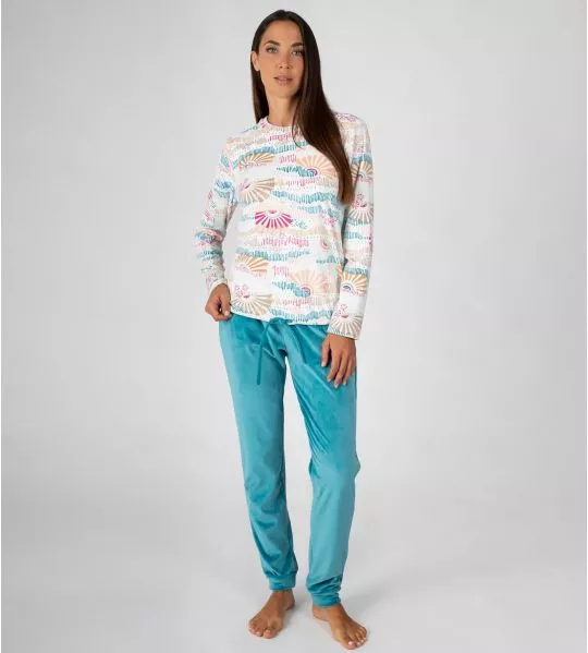 Pyjama chaud en velours femme Écru Bleu