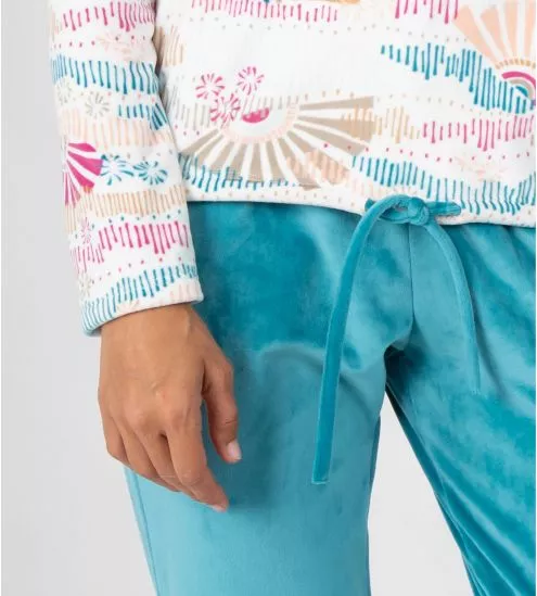 Pyjama chaud en velours femme Écru Bleu