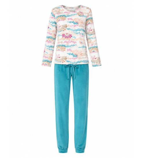 Pyjama chaud en velours femme Écru Bleu
