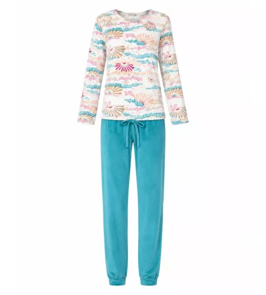 Pyjama chaud en velours femme Écru Bleu