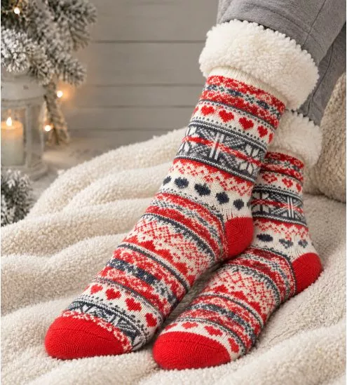 Chaussettes d'intérieur chaudes anti gliss Smilla Lamb Lined Red/Navy/Off White