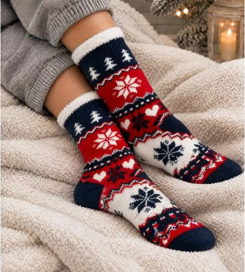Chaussettes pilou anti gliss Lovely Winter Navy/Red/Off White