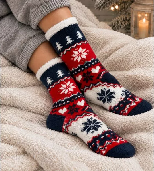 Chaussettes pilou anti gliss Lovely Winter Navy/Red/Off White