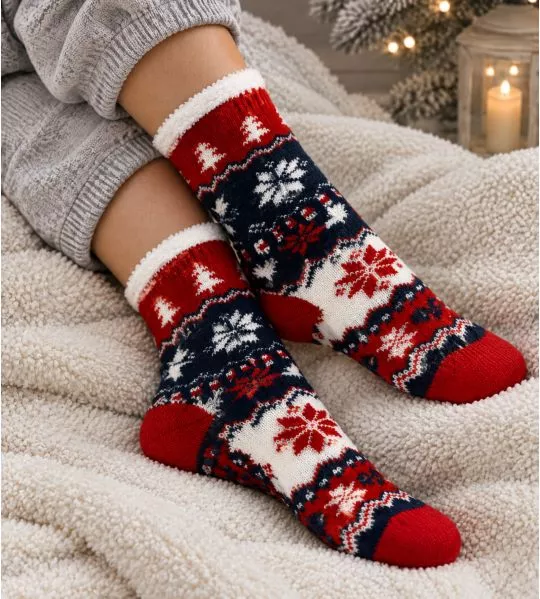 Chaussettes pilou anti gliss Lovely Winter Red/Navy/Off White