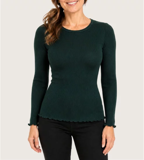 Pull fin col rond en laine et soie vert Malachite
