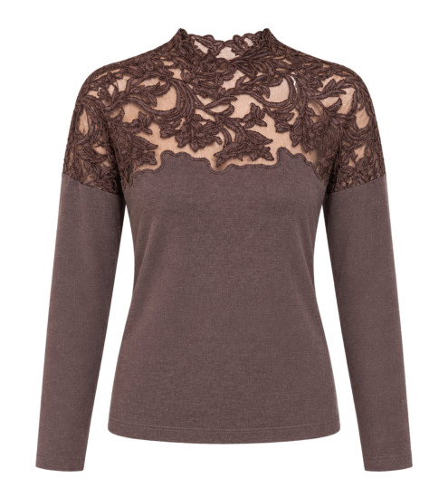 Top manches longues avec tulle brodé Taupe