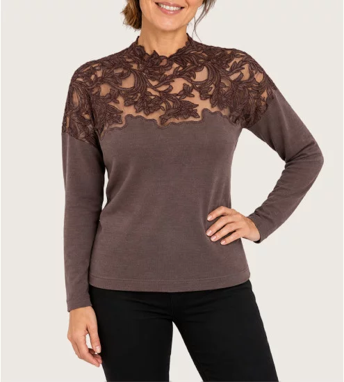 Top manches longues avec tulle brodé Taupe