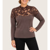 Top manches longues avec tulle brodé Taupe