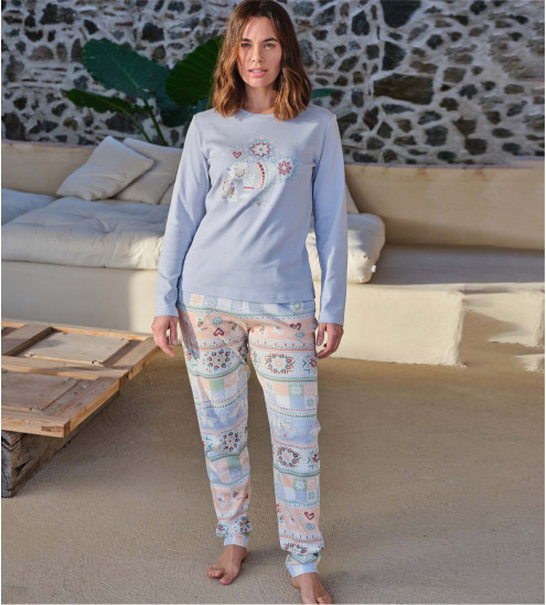 Pyjama femme en coton interlock imprimé Bleu Ciel