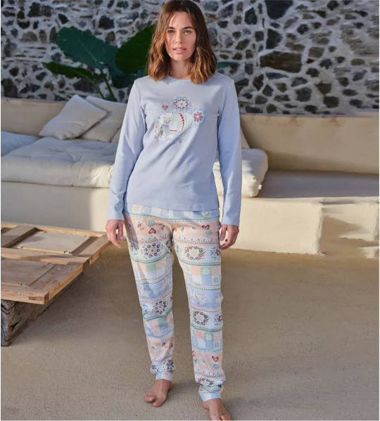 Pyjama femme en coton interlock imprimé Bleu Ciel