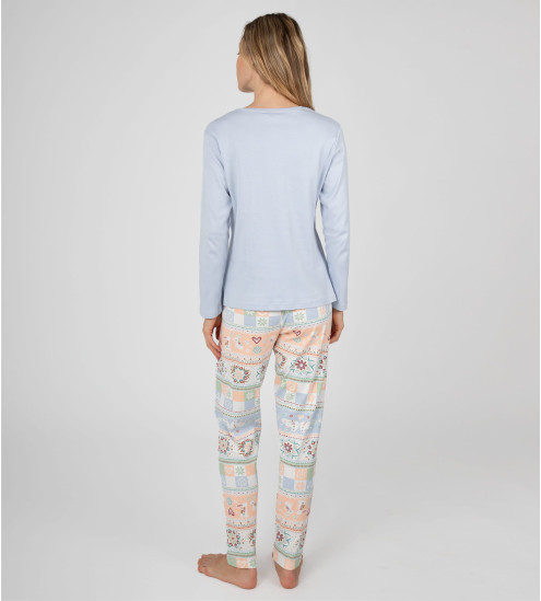 Pyjama femme en coton interlock imprimé Bleu Ciel