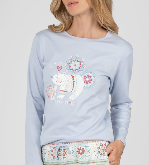 Pyjama femme en coton interlock imprimé Bleu Ciel