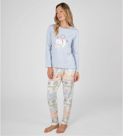 Pyjama femme en coton interlock imprimé Bleu Ciel
