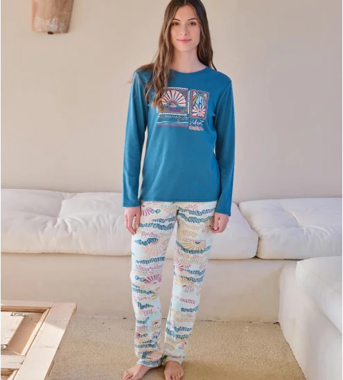 Pyjama femme en coton épais interlock Bleu Petrol
