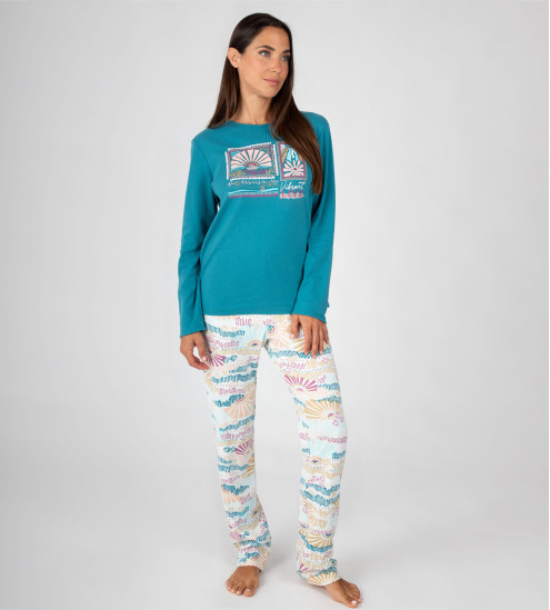 Pyjama femme en coton épais interlock Bleu Petrol