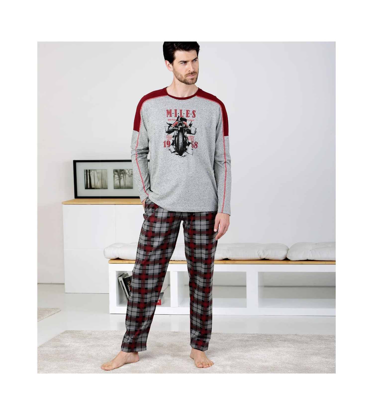 Pyjama homme en coton imprimé 823 Gris Chine MASSANA