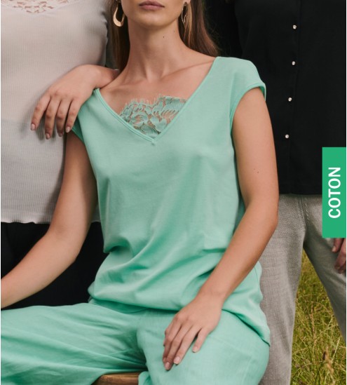 Top en fil d'Ecosse et dentelle 930 Menthe