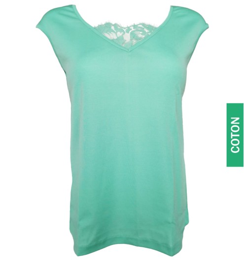 Top en fil d'Ecosse et dentelle 930 Menthe