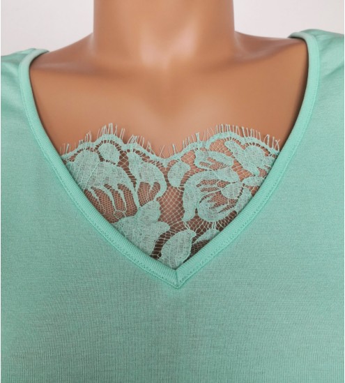 Top en fil d'Ecosse et dentelle 930 Menthe