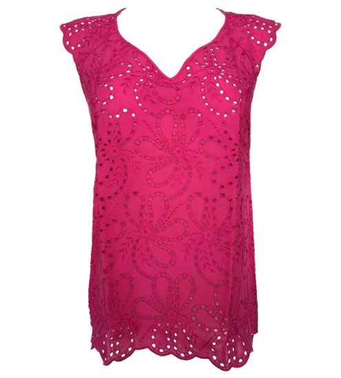 Top en coton broderie de Saint-Gall 674 Fushia