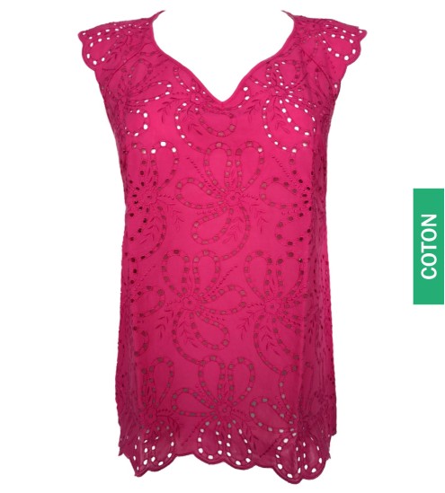 Top en coton broderie de Saint-Gall 674 Fushia