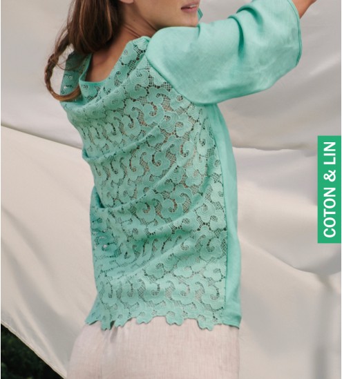 T-shirt en lin et dos Macramé 930 Menthe