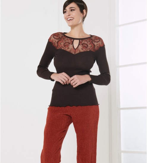 Top Laine et Soie avec dentelle 390 Moka