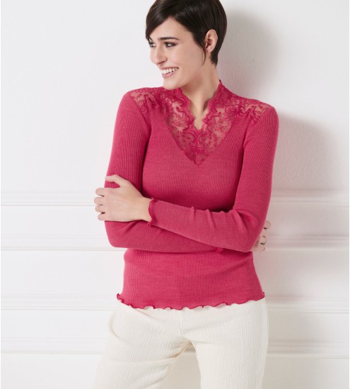 Top en Laine & Soie à col dentelle 624 Fushia