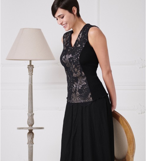 Top sans manches en laine et soie 020 NOIR