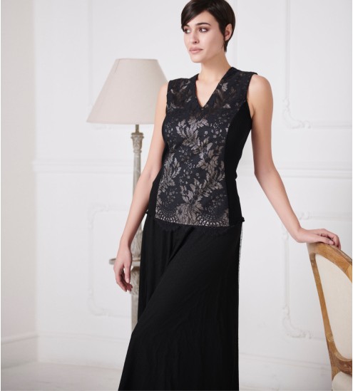 Top sans manches en laine et soie 020 NOIR