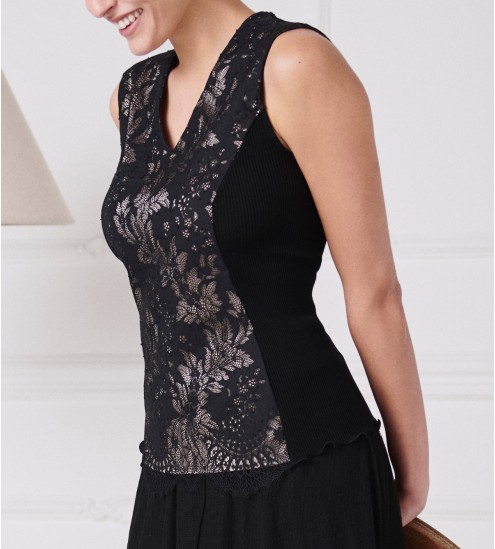 Top sans manches en laine et soie 020 NOIR