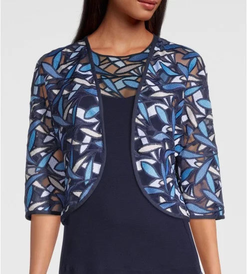 Boléro en tulle brodé 100% coton 456 Bleu