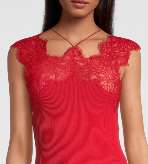 Top en fil d'Ecosse et dentelle 664 Rouge