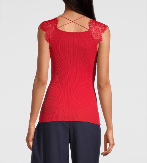 Top en fil d'Ecosse et dentelle 664 Rouge