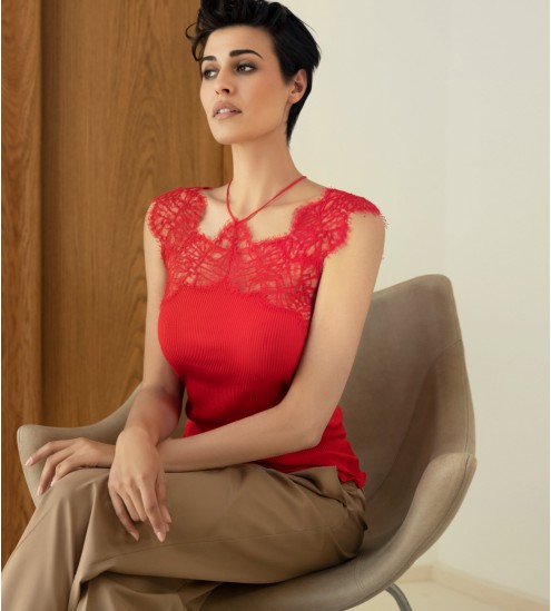 Top en fil d'Ecosse et dentelle 664 Rouge