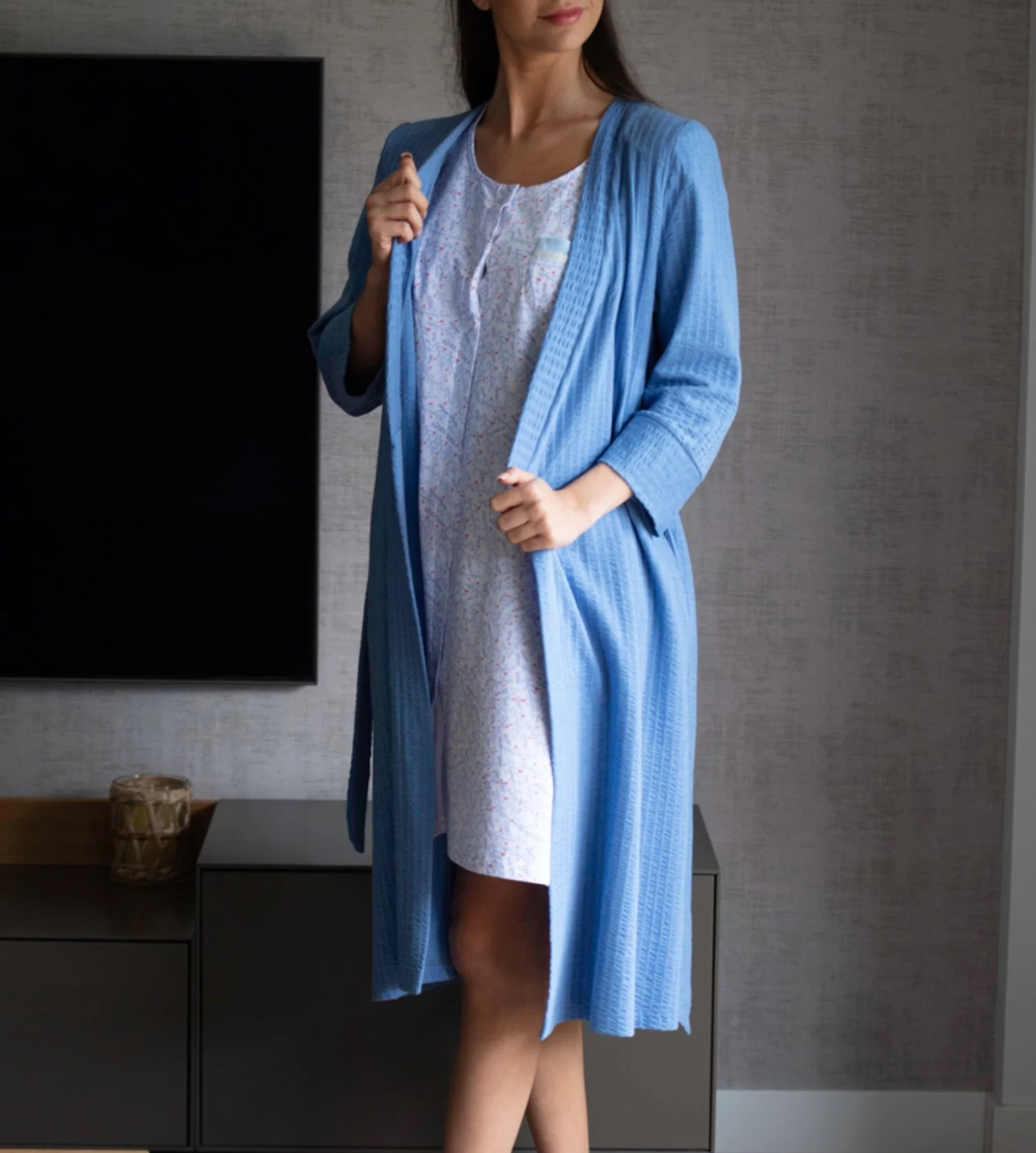 Robe de chambre manches 3/4 bleu Egatex | Lingerie Sipp