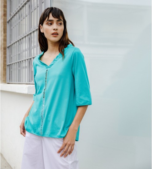 Chemise en coton jersey macramé 491 Turquoise
