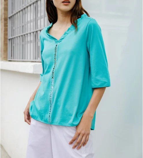Chemise en coton jersey macramé 491 Turquoise