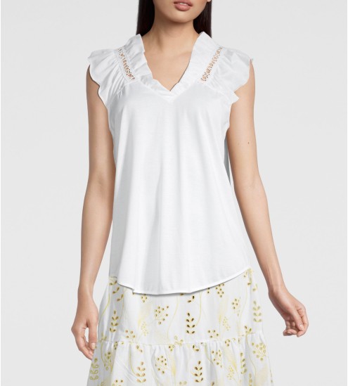 Top en coton jersey macramé 010 Blanc